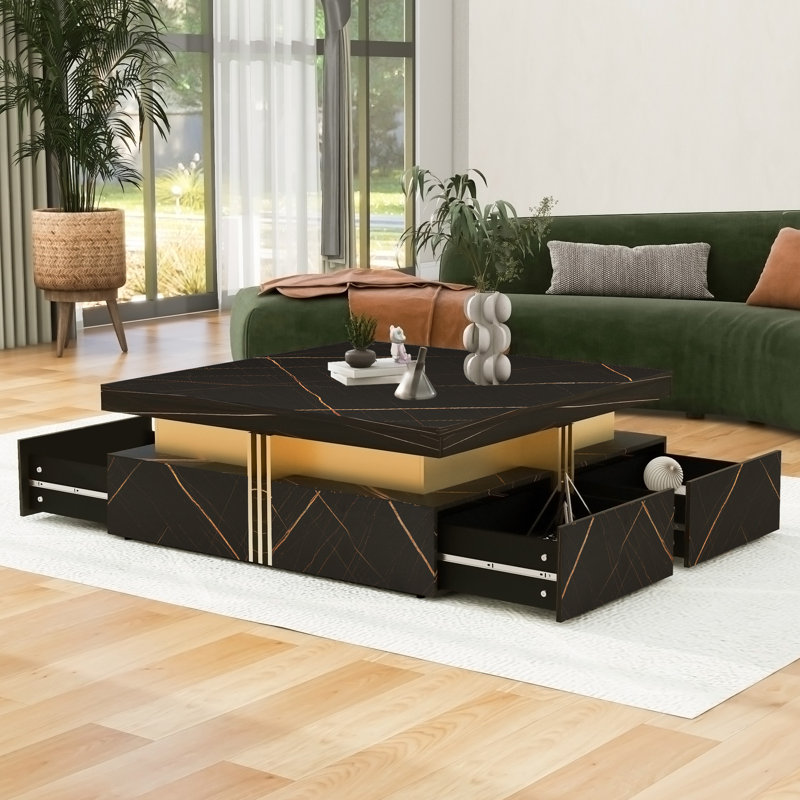 Table basse moderne carrée avec rangement à 4 tiroirs (table basse incluse, sans chaises), Noir