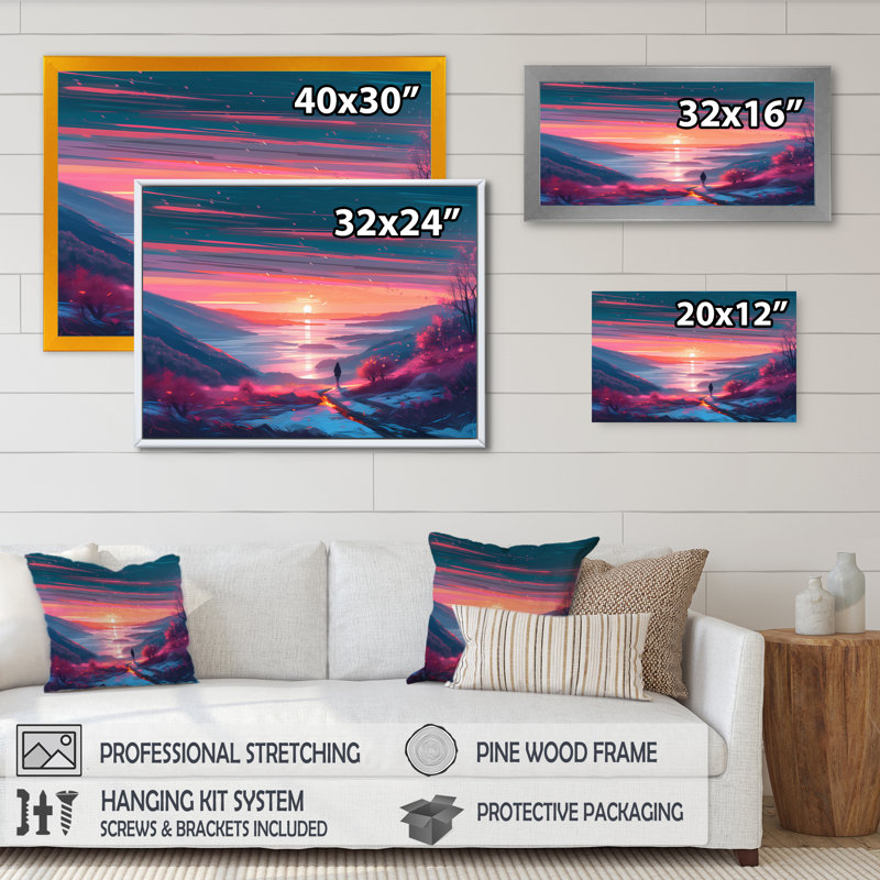 Hiver, lever de soleil sur le lac et les montagnes II, Cadre noir, H 24 po x l 32 po x P 1 po