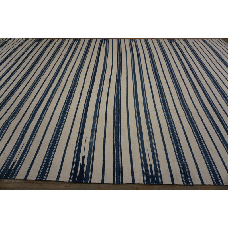 Blue and White Antique Allover Geometric Stripes Cotton Flat Weave Indian Dhurrie Rug