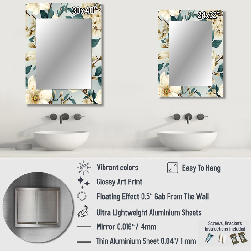 Zanga sablonneux beige et bleu hortensia tranquillité - miroir floral, miroir mural décoratif floral, impression d'art en métal