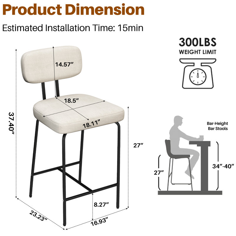 Counter Height Bar Stools , 26 inch Barstools , Fabric Kitchen Counter Stools with Back,  Bar Chairs, White Seat/ Black Base