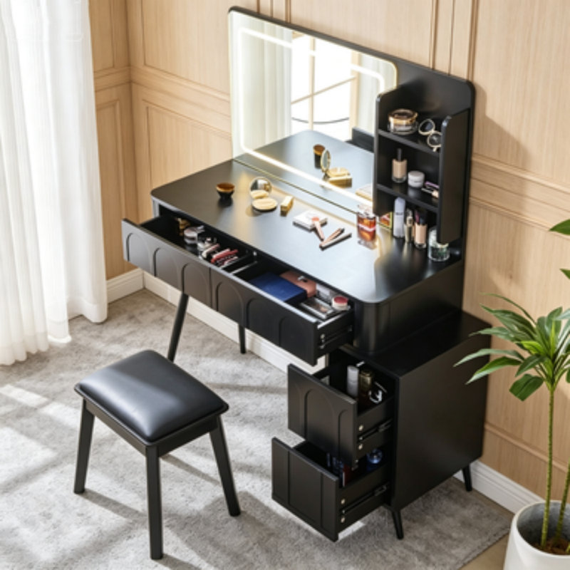 Meuble-lavabo moderne avec miroir lumineux et tabouret à DEL, coiffeuse à 4 tiroirs avec éclairage à intensité variable de 3 couleurs, ensemble de meuble-lavabo peu encombrant pour la chambre à coucher