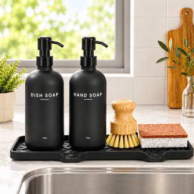 Kitchen Soap Dispenser Set: 17oz Glass Dish And Hand Soap Dispenser With Stainless Steel Pump, Instant Dry Tray, Dish Brush & Sponge, Refillable Countertop Sink Decor For Kitchen & Bath, Black
