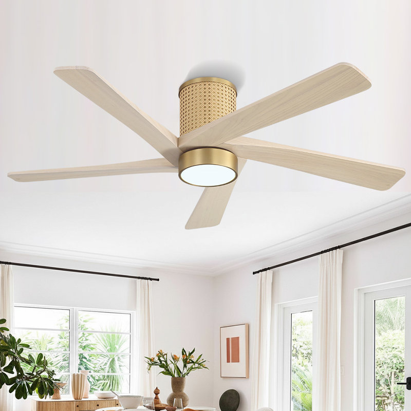  5 Solid Wood Blades Flush Mount Ceiling Fan Woven Rattan Cover DC Motor With Remote Light, 48" Wide, Wood Wax/NAB Gold