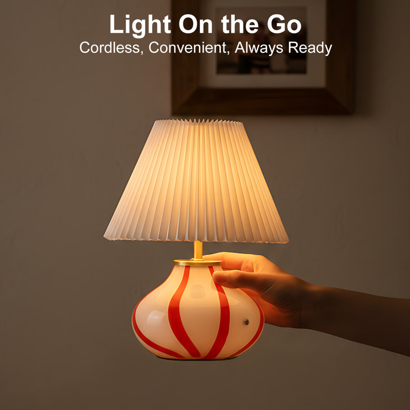 Cordless LED Table Lamp Rechargeable,3600mAh Battery, 3-Level Touch Dimming, 3000K Warm, Portable, Hand-Blown Glass, Pleated Shade