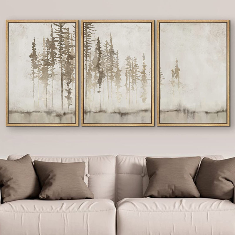 Pastel Abstract Tree Subtle Neutral Modern Rustic Home Decor - Framed Canvas Print Wall Art Work, Brown Framed