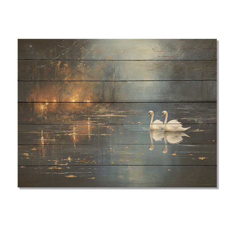 White Swans Harmony Moonlight Pond IV - cygne sur bois, H 34 po x l 44 po x P 0,78 po