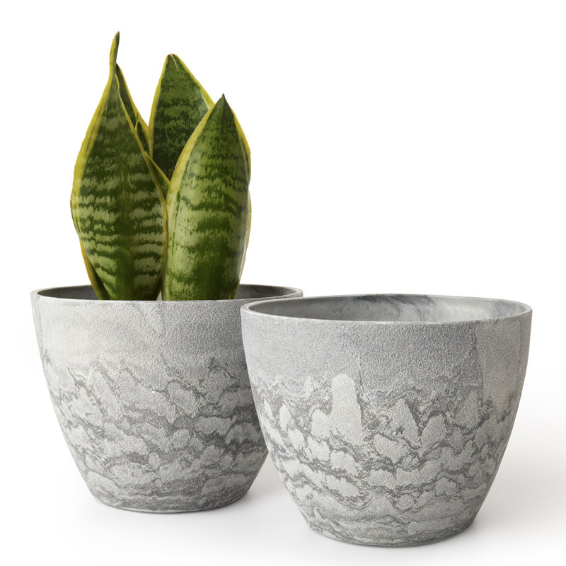 Eldwun 2 Piece Resin Pot Planter, Indoor/Outdoor Garden Flower Pots, 6.7" H x 8.6" W x 8.6" D, Marble