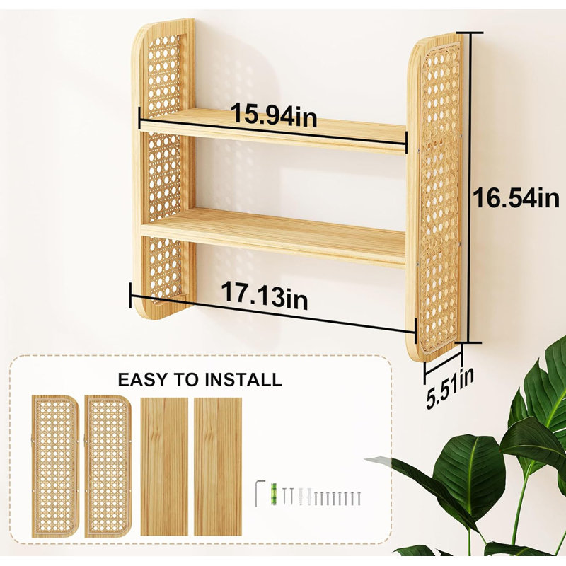 Handmade Woven Rattan Display Shelf 2-Tier Natural Rattan Bookshelf Wall Mounted