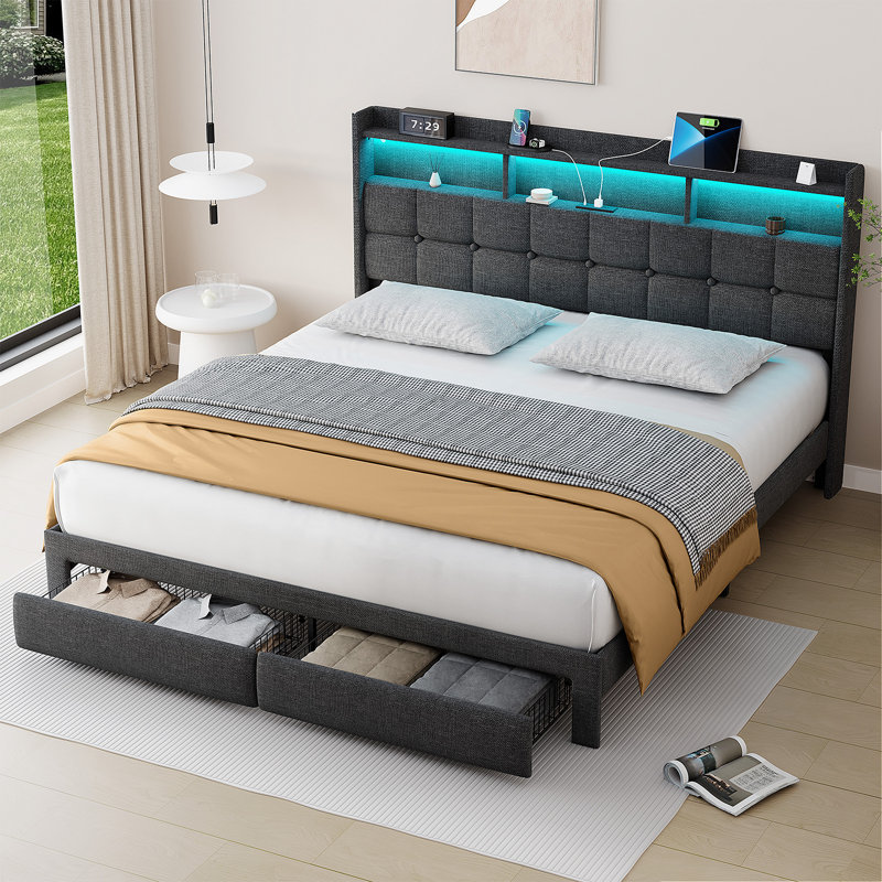 Upholstered Platform Bed With 2 Drawers,Storage Headboard With Charging Station And LED Light, Full, Dark Gray