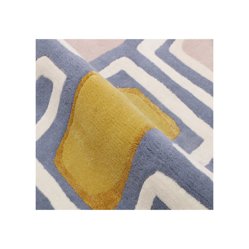 Tapis géométrique en laine touffeté bleu, Tapis de couloir 2 pi 6 po x 12 pi