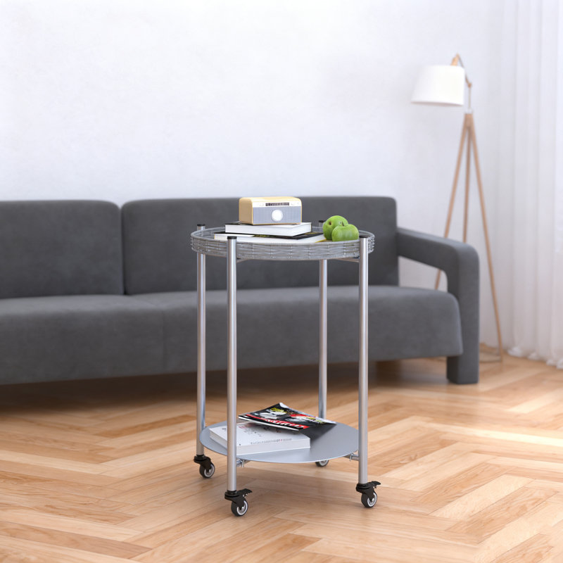 1pc Round Coffee Table With Wheels | 2-tier Silver Gray Metal Side Table, 15.75x15.16x23.43in, Detachable Movable Bedside Nightstand, Smooth Glide/2-tier Storage, For Bedroom/living Room/next To Sofa