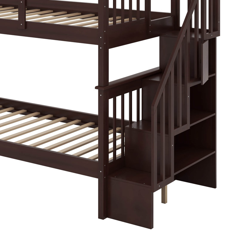 Twin Over Twin Bunk Bed With Storage And Guard Rail, Espresso
