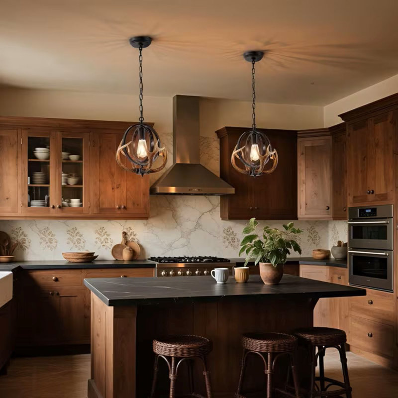 Rustic Style Antler Pendant Light, Globe Design, E26 Base, Brown Finish, Ideal For Kitchen & Dining Room