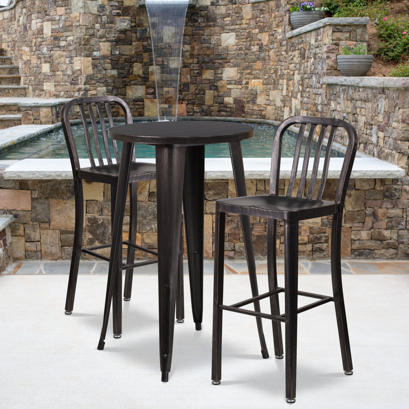 Drumfane 30'' Round Metal Indoor-Outdoor Bar Table Set with 2 Vertical Slat Back Stools, Black/Antique Gold