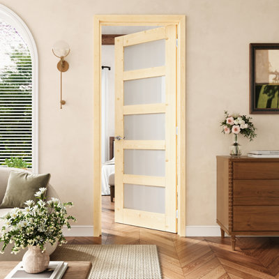 Porte pré-suspendue intérieure en bois de pin et verre givré 30 po x 80 po 5-Lite avec charnières argentées, plaque de porte d'intimité en verre avec cadre, porte intérieure comme garde-manger, porte de chambre à coucher, porte de buanderie, portes de placard, portes de pièce, droite