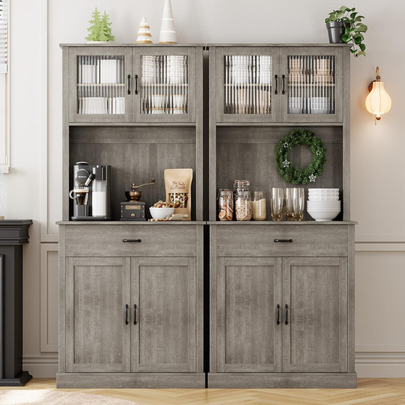 Armoire de cuisine avec support pour micro-ondes 71 pi Armoire de cuisine haute autoportante avec portes et tablettes pour salle à manger gris rustique