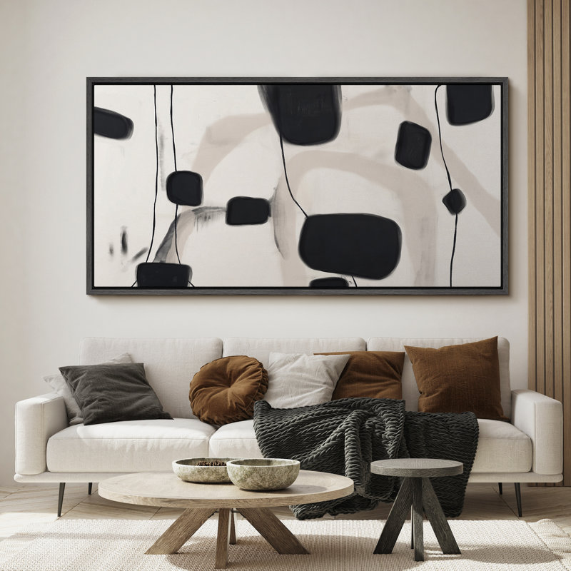 Toile abstraite blanche encadrée, art mural moderne minimaliste, Noir, H 30 po x l 60 po