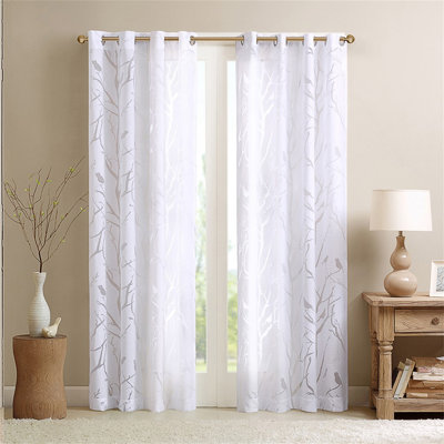 Grommet Top Sheer Burnout Bird On Branches Window Curtain Panel For Elegant Light Filtering And Layered Styling.