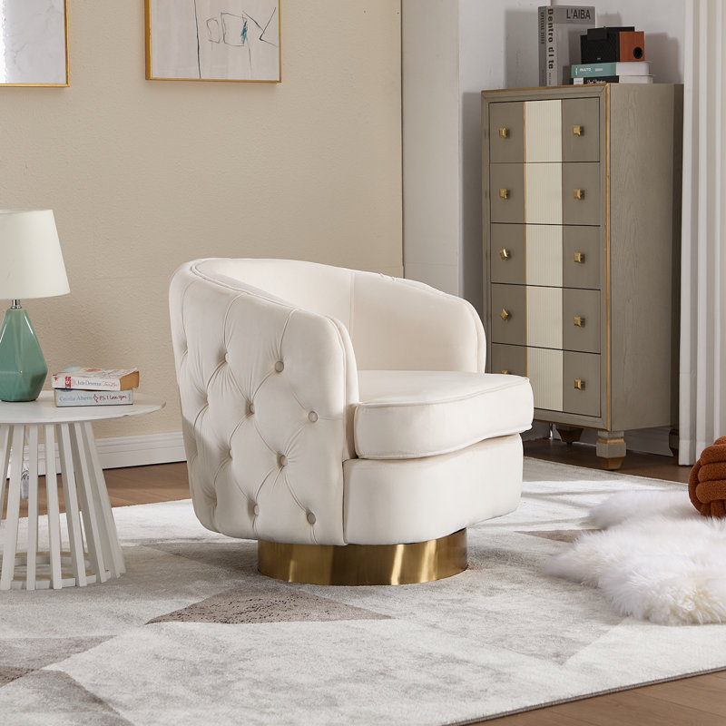 Luxury Velvet Barrel Accent Chair - 360° Swivel Round Base With Gold Finish -Tufted Back & Armrests - Oversized Statement Chair For Living Room, Lounge
