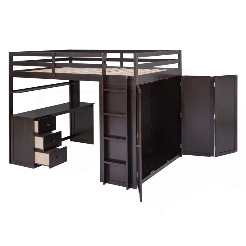 Lit mezzanine avec tiroirs, bureau et garde-robe, Lit double, Espresso