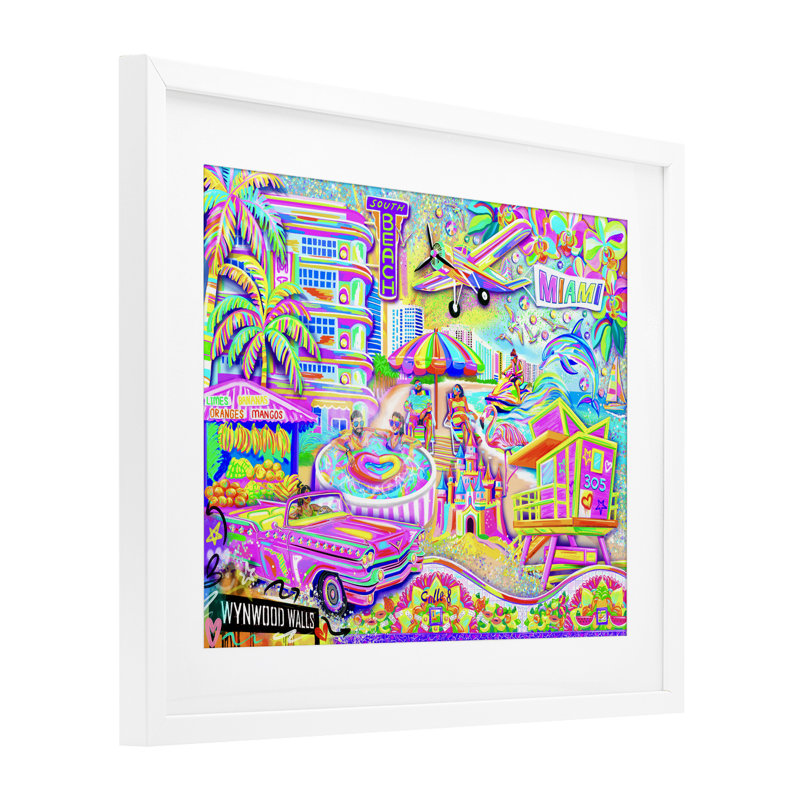 Miami Fun Collage Framed Print Under Glass, design by Jess Stempel, 13" H x 16" W, Coastal White Frame