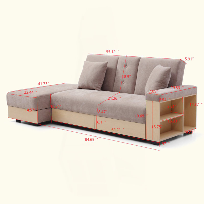 Convertible Sleeper Sofa Couch,Multifunctional Double Folding Sofa Bed,Storage Ottoman And Sofa Arm With  Box And Drawer, Drop Down Table With 2Cup Holders For Living Room,Apartment,Office