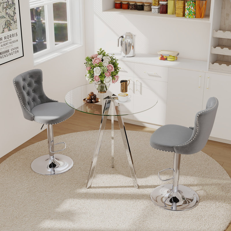 Bar Height Set, Tempered Glass Round Dining Table and Velvet Adjustable Dining Chairs., 3, Gray