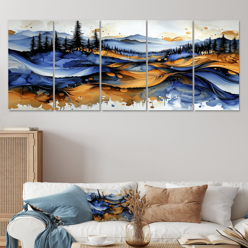 «Golden Aqua liquid Ink Forest III», art mural moderne abstrait, H 28 po x l 60 po, 5