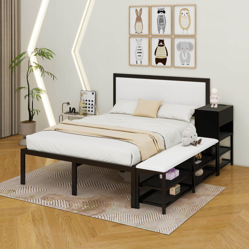 Structure de lit Howie, lit plateforme en métal avec tablettes de rangement à deux niveaux, armoire en bois, Lit simple, Noir