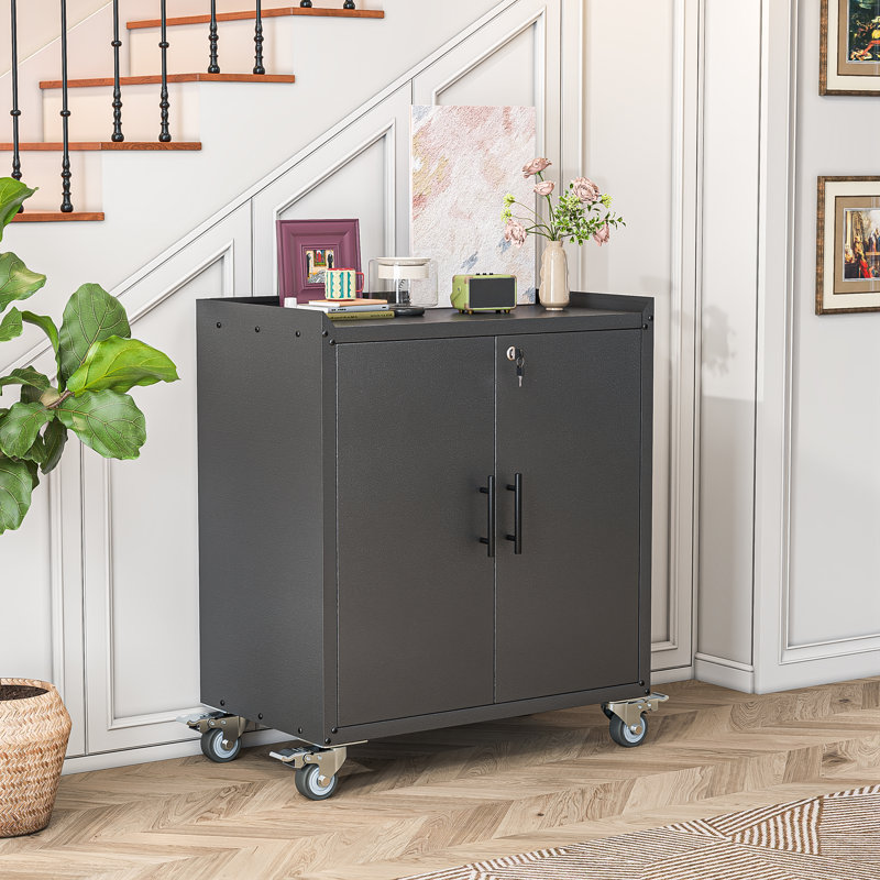 Petite armoire de rangement en métal avec portes verrouillables, roulettes et tablettes réglables, 35.6"H, Black
