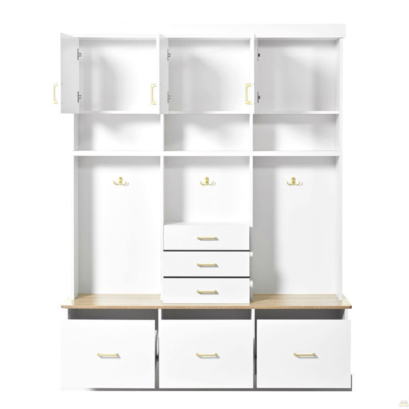 Arbre d'entrée U-Can 75 po avec banc et rangement, portemanteau moderne 5-en-1 avec portemanteau, 6 tiroirs, 3 armoires et rangement supérieur à 3 niveaux pour le couloir, l'entrée, le salon et le vestibule