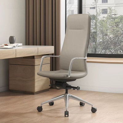 Chaise de bureau réglable en cuir véritable gris clair et simili cuir clair et gris clair