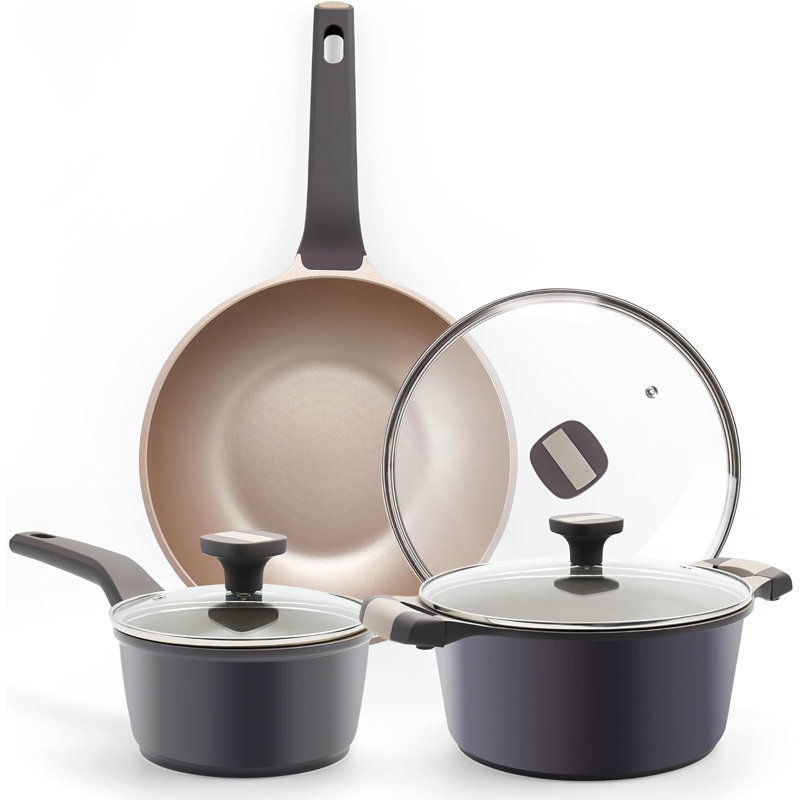 Ensemble de casseroles et de poêles antiadhésives, batterie de cuisine à induction de 6 pièces, ensemble de cuisson antiadhésif avec poêle à frire profonde, non toxique, sans PFOA et PFOS, va au lave-vaisselle, gris