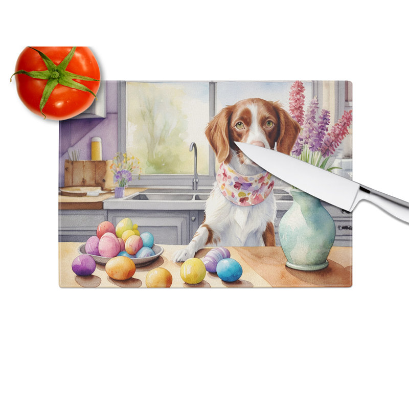 Decorating Easter Brittany Spaniel Glass Cutting Board