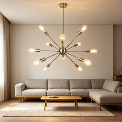 Brushed Nickel Sputnik Chandelier, 12 Lights Mid Century Modern Ceiling Light Fixture with Adjustable Height, Sloped Ceiling Adapter, E26 Base, for Dining Room Living Room Kitchen Foyer Bedroom