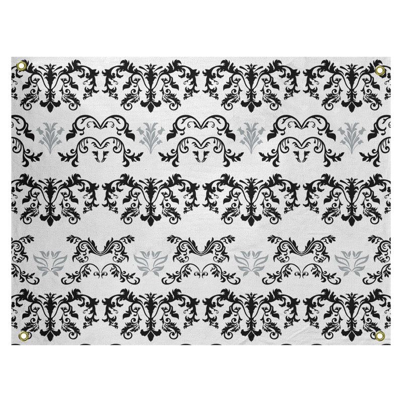 Tapisserie baroque en polyester polyester Oakland, H 26 po x l 36 po, Blanc / noir / gris