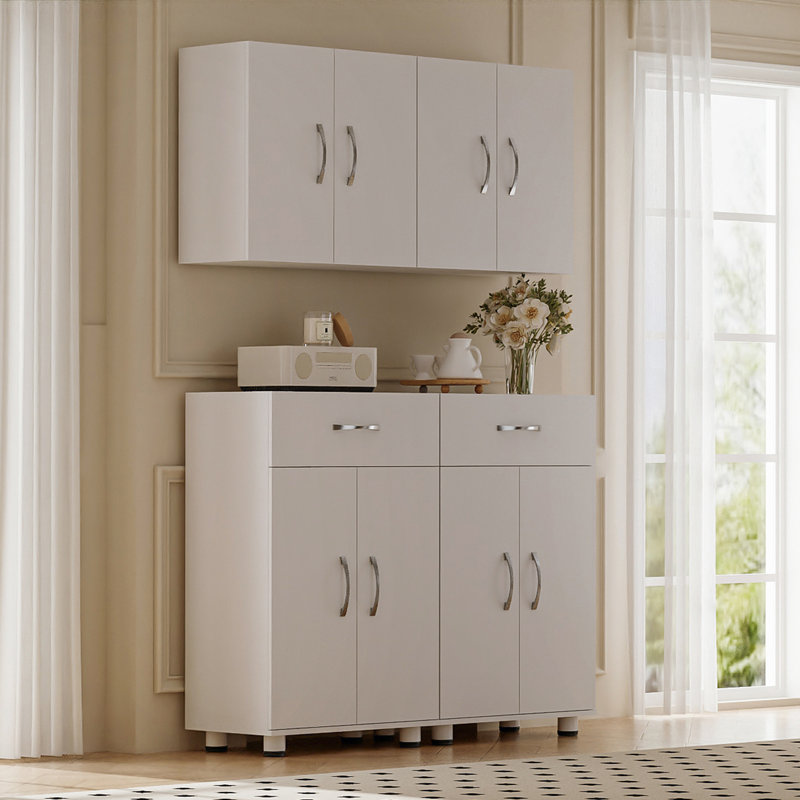 Modular 48" W 4-Piece Storage Cabinet Set: 2 Wall Cabinets & 2 Base Cabinets With Drawers, White