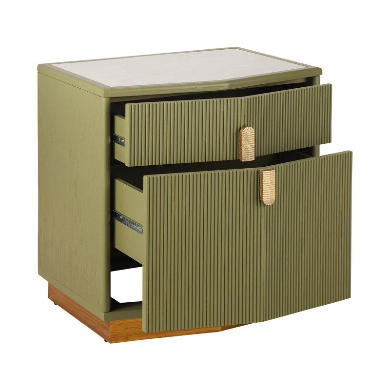Poole Modern Textured Nightstand With Geometric Top And Dual Storage Drawers, Olive Green