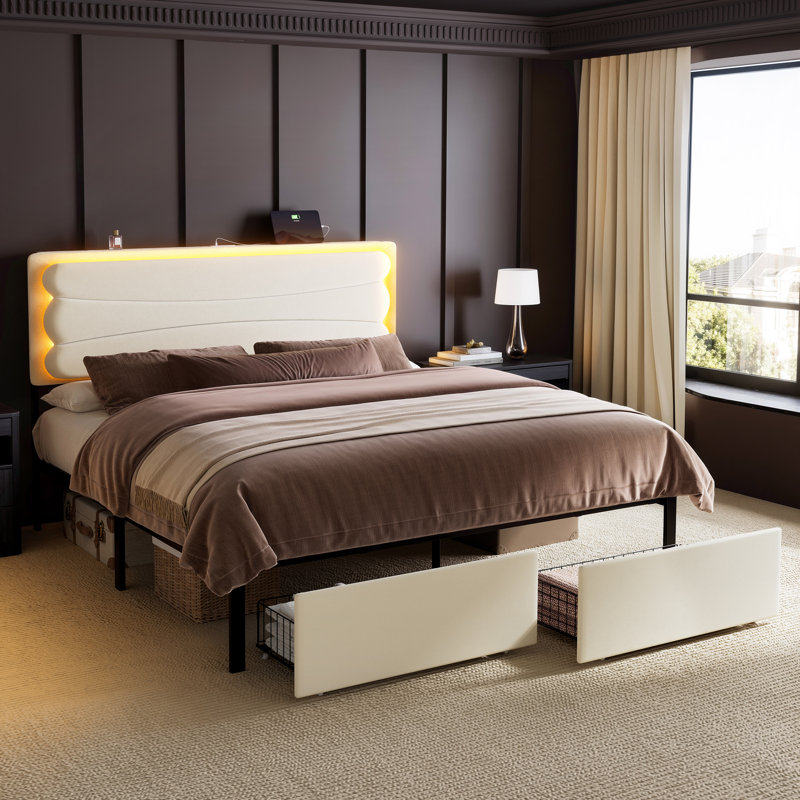 Grand lit tapissier avec 2 tiroirs de rangement, lit de rangement en velours avec lumière DEL et station de charge, Grand
