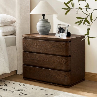 Waynesville Modern 30"W 3-Drawer Oak Wood Fully Assembled Nightstand with Built-In Powerstation and USB