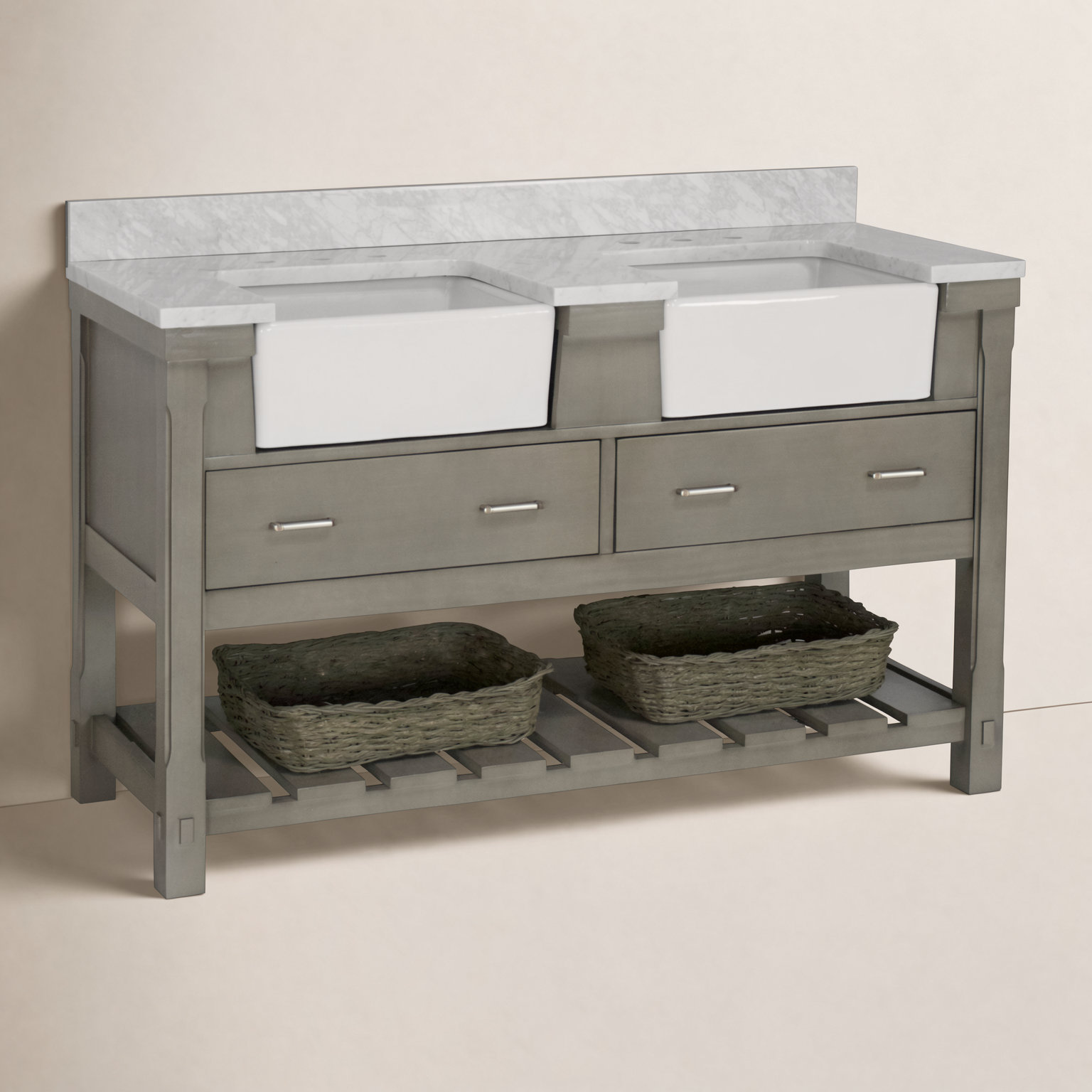 Hitton 60'' Double Bathroom Vanity, Engineered Carrara, Weathered Gray