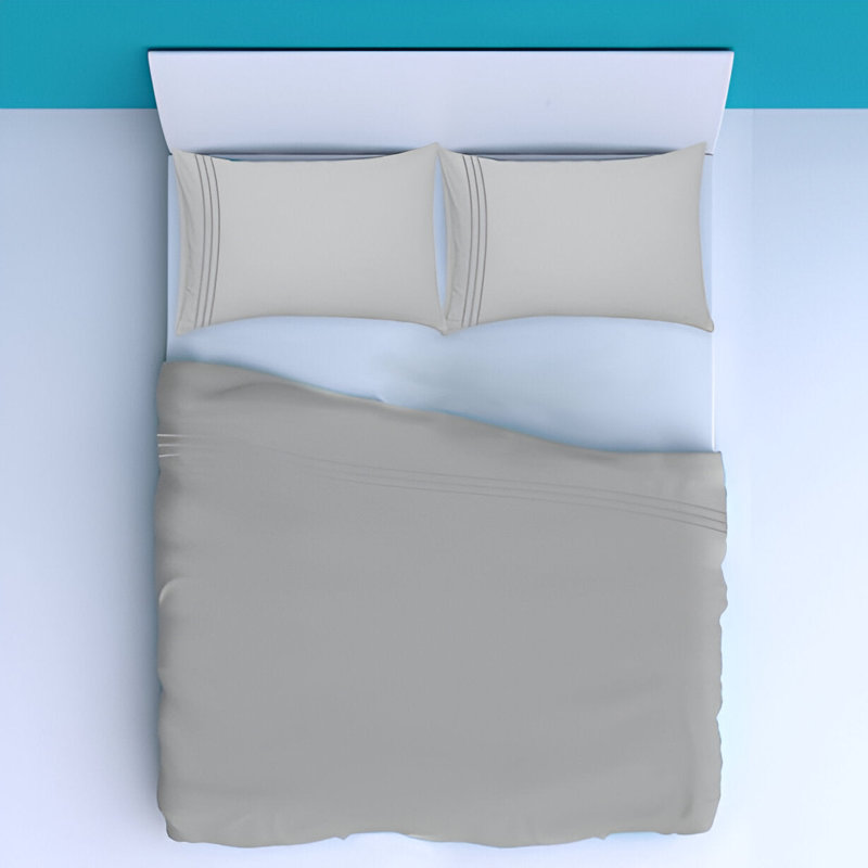 400TC Luxurious Triple Embroidery Sateen Solid Cotton 4 Piece Sheet Set Fitted Sheet Fits Upto 16" Deep Pocket, Light  Gray