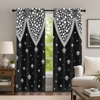 2 pièces rideaux à motifs géométriques noirs et argentés, rideaux de style abstrait, rideaux à œillets à imprimé pailleté moderne et élégant, habillage de fenêtre pour le décor de la chambre à coucher