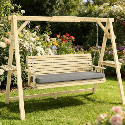 Balançoire de jardin en bois pour une conversation en plein air avec assise large, siège à mouvement stable et de soutien, suspension réglable, sièges rembourrés épais