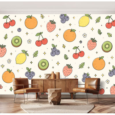 Wall Mural Peel and Stick Colorful Fruit Hand Drawn Illustrations Pastel Tones Large Wallpaper Self-Adhesive Removable Contact Paper Wall Decor for Living Room Bedroom Nursery 69"H x 96"W