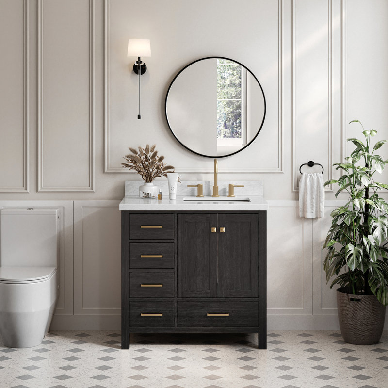 Ensemble de meuble-lavabo simple 37 po Grevera, Marbre de Carrare, Chêne noir