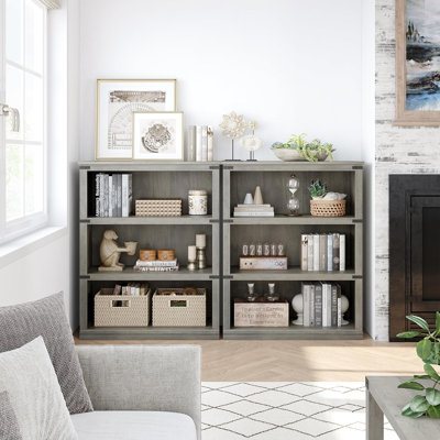 3-Tier Farmhouse Bookshelf, Gray Wood Storage Rack with Iron Accents, 40"Tall Open Display Stand for Living Room, Bedroom, Office, Gray