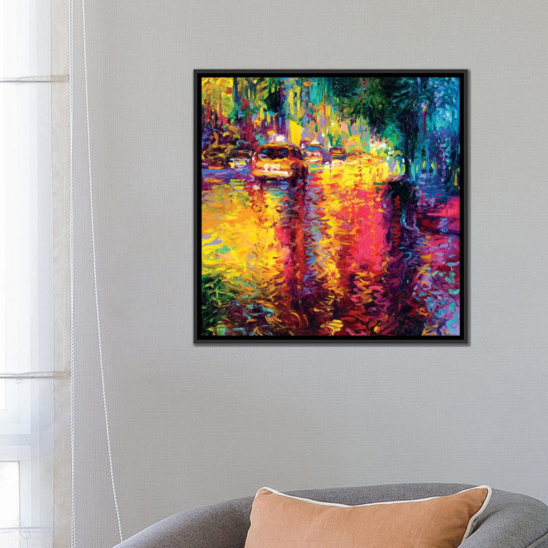 « iris scott-taxi », peinture sur toile tendue, H 26 po x l 26 po x P 1,5 po, Toile avec cadre noir, Pas de tapis