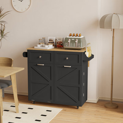 Rubab 35.4" Kitchen lsland with Trash Can Cabinet, Locking Wheels, Spice & Tower Rack